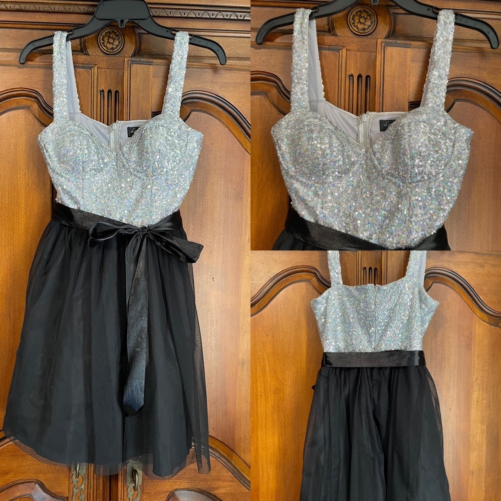 Sparkling Silver and Black  Cocktail Dress with Bow